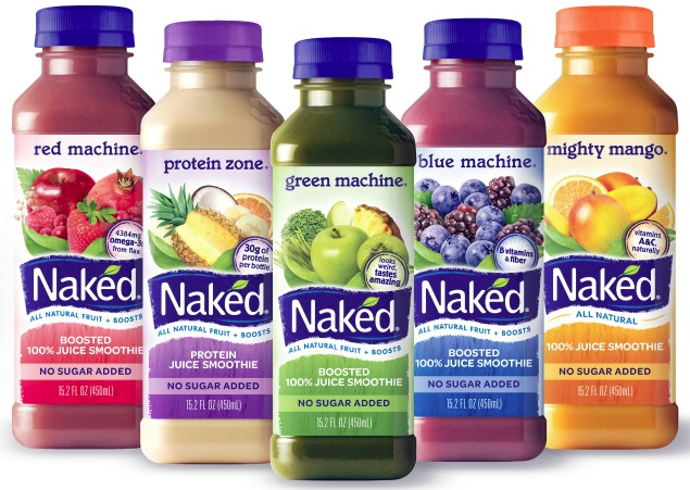A row of different types of Naked Juice