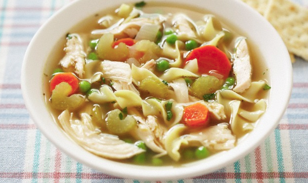 A bowl of chicken noodle soup