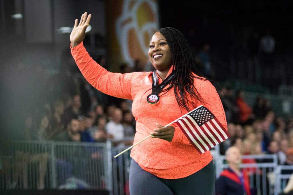 Michelle Carter of Nike takes a victory lap after winning Women's Shot put. The US Indoor Track & Field Championships are held at the Oregon Convention Center in Portland, Ore. on March 11, 2016. (Samuel Marshall/Emerald)