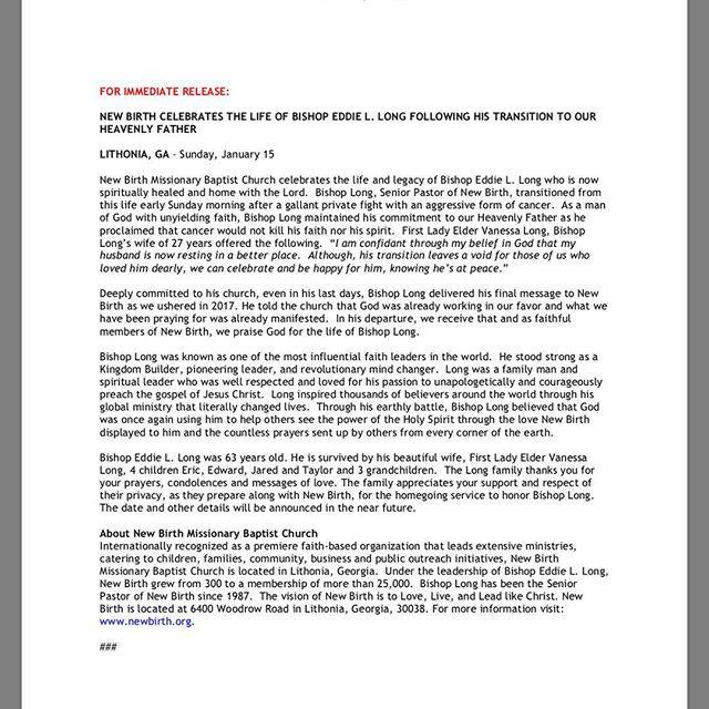 Bishop Eddie Long death official statement