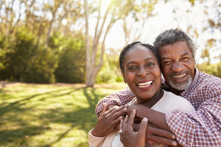 Older African American couple outside in park