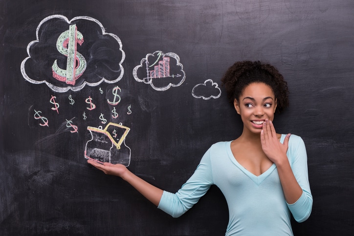African American woman thinking about money