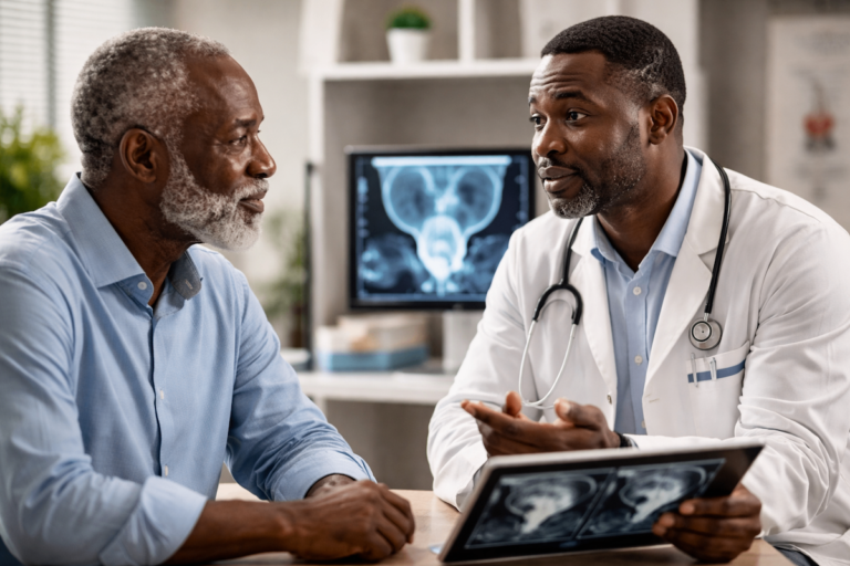 Two Black men, a doctor and an older patient, engaged in a medical consultation. The doctor, wearing a white coat and stethoscope, holds a tablet displaying medical scans and gestures while speaking to the patient, who listens intently. A large monitor in the background also shows medical imaging.