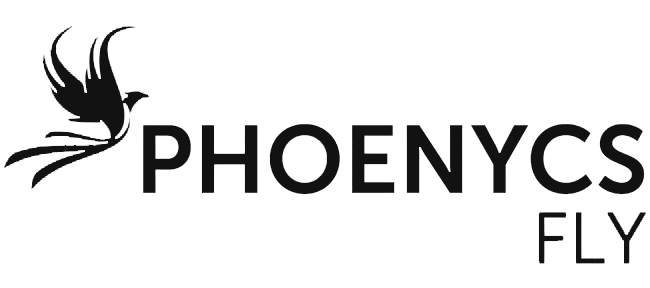 Dark gray logo on a black background, featuring a stylized phoenix bird and the words "PHOENYCS FLY".