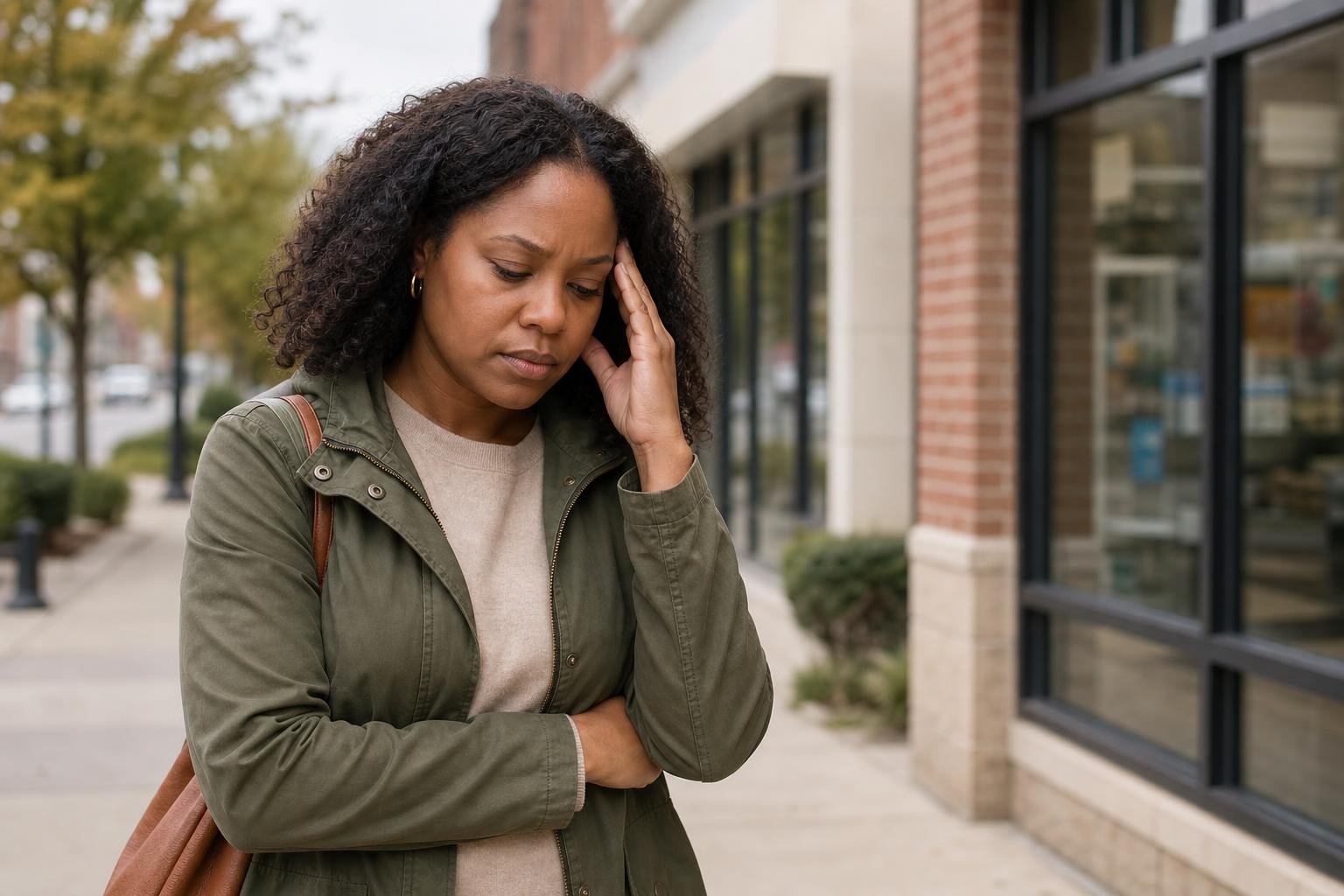 Concerned Black woman outside a pharmacy considers acetaminophen and cancer risk.
