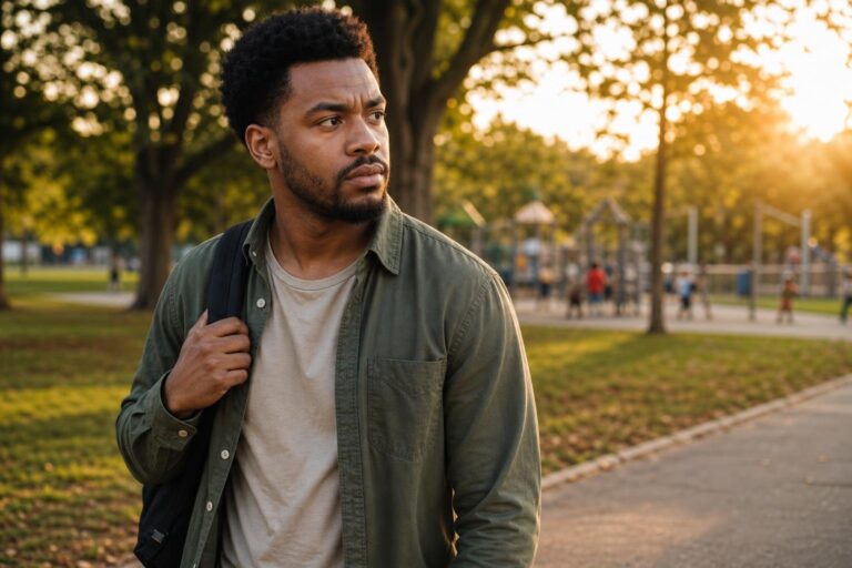Black man pauses at a park edge, reflecting on ADHD and difficulty focusing.