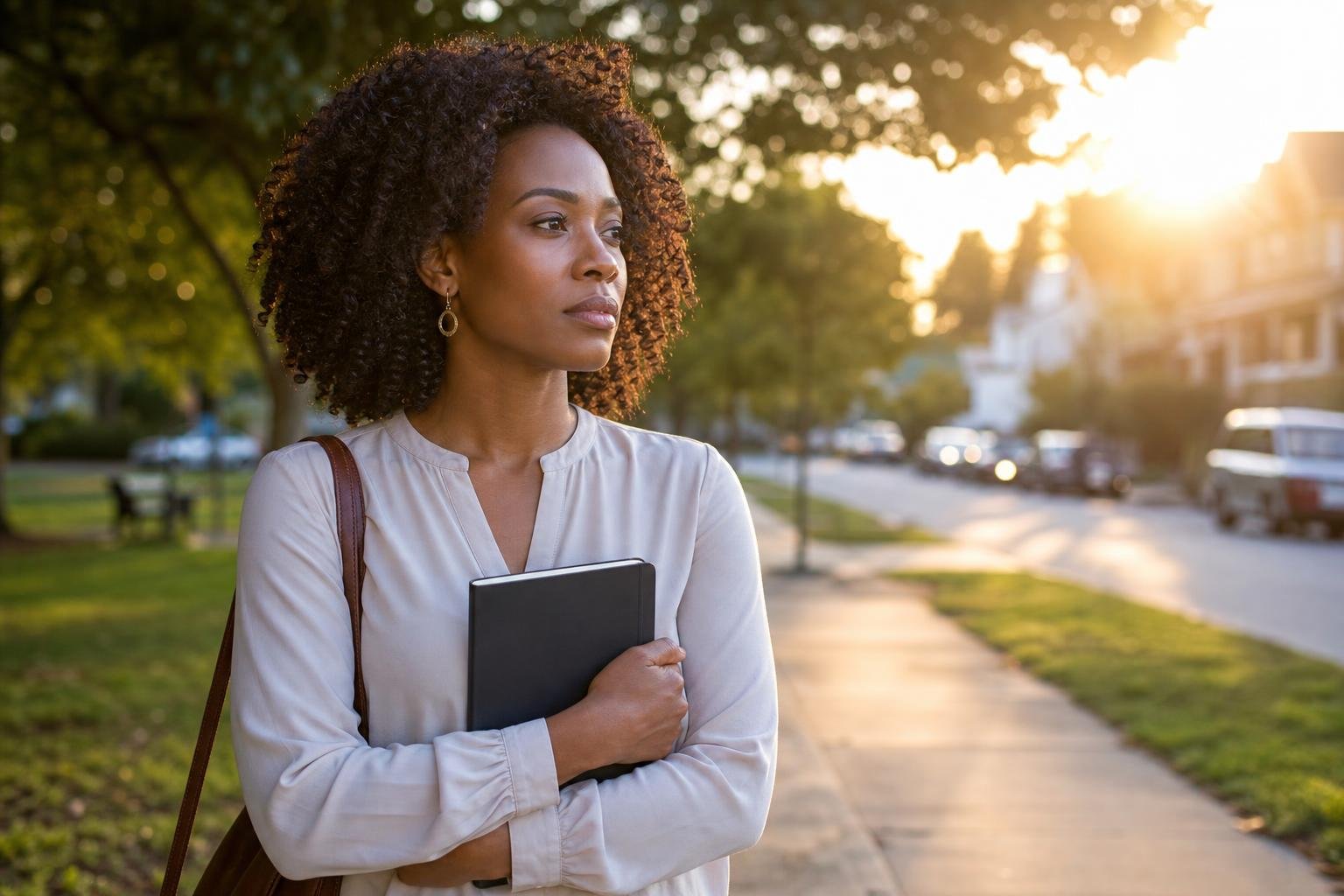 Black woman arriving thoughtfully for a Beautiful Woman Inside and Out Conference at golden hour.