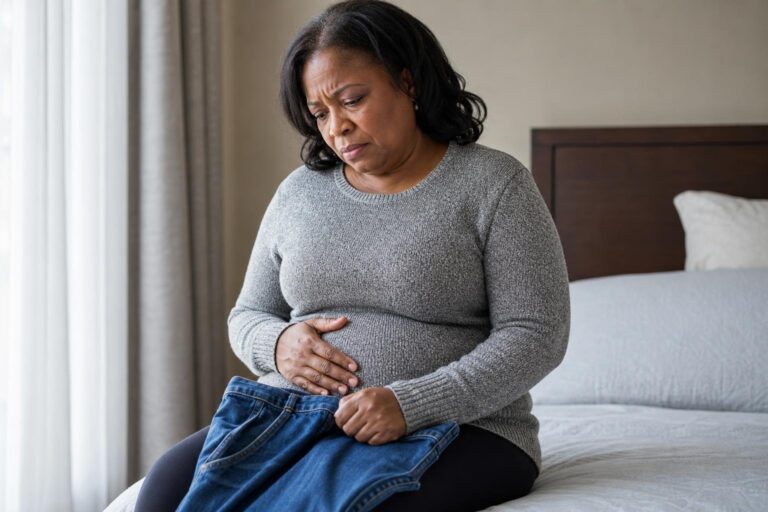 Concerned woman holding jeans over her lap while reflecting on belly fat at home.