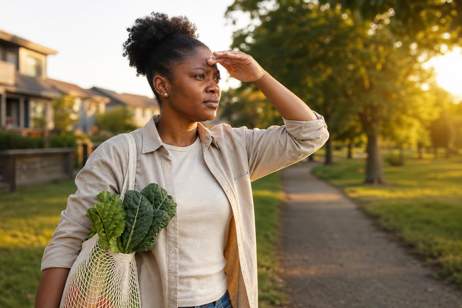 Woman with leafy greens shields her eyes while considering natural remedies for cataracts.