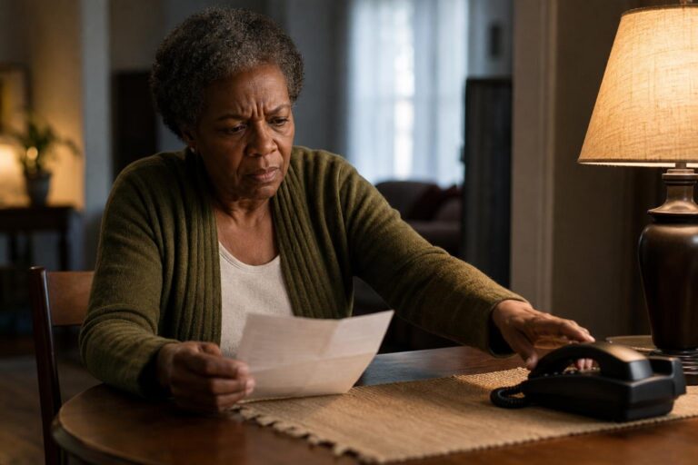 Worried older Black woman prepares to seek help about suspected child abuse at home.
