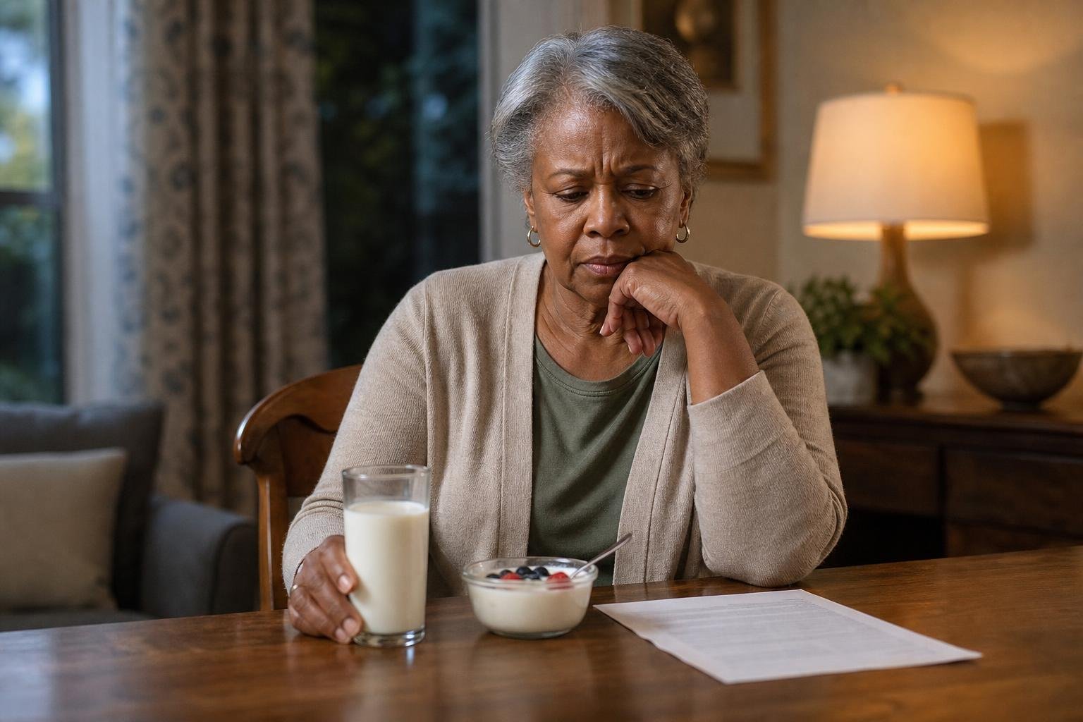 Older Black woman considers milk and yogurt while reviewing dairy nutrition advice at her table.
