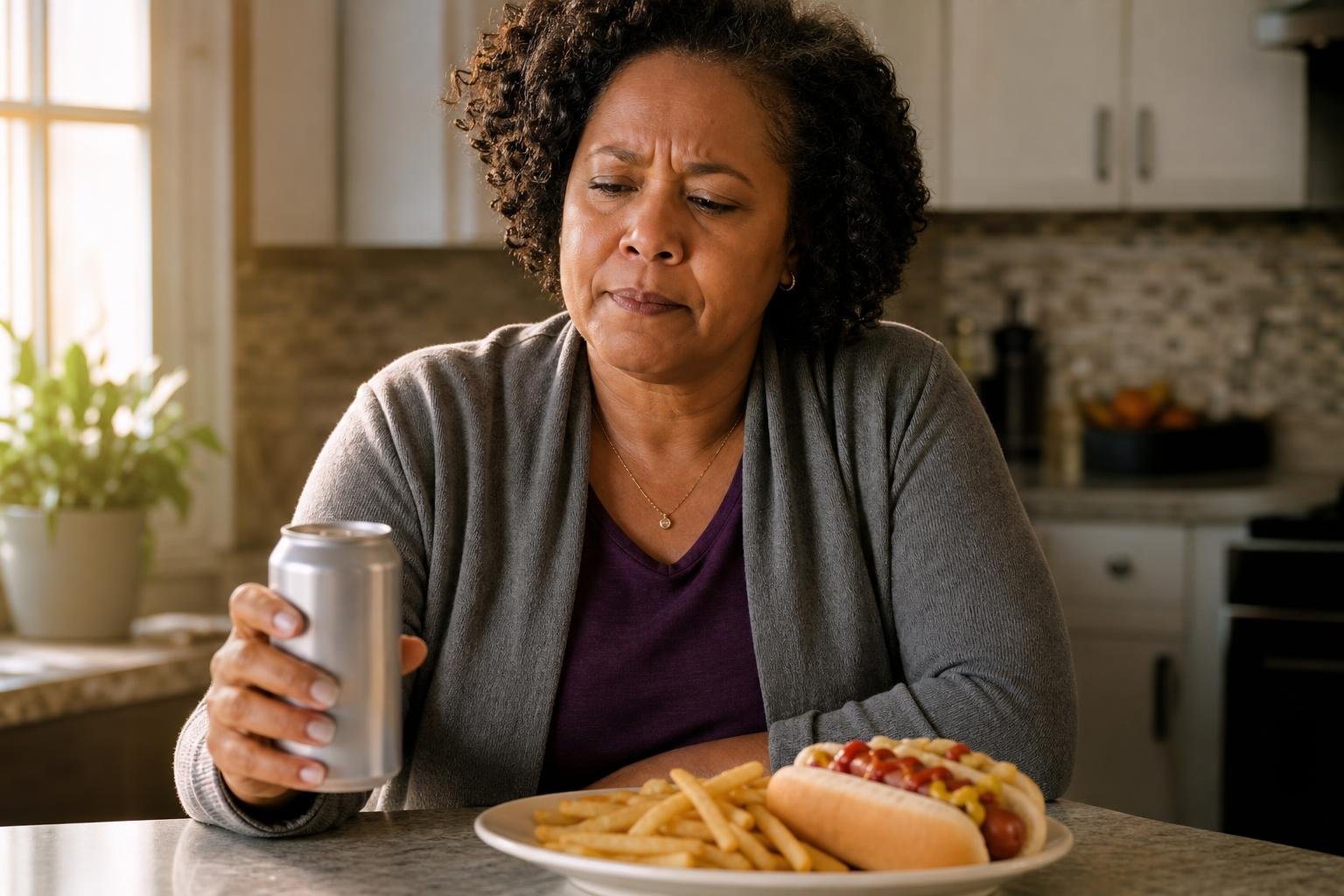 Concerned woman holds a diet soda beside a hot dog and fries at a kitchen counter.