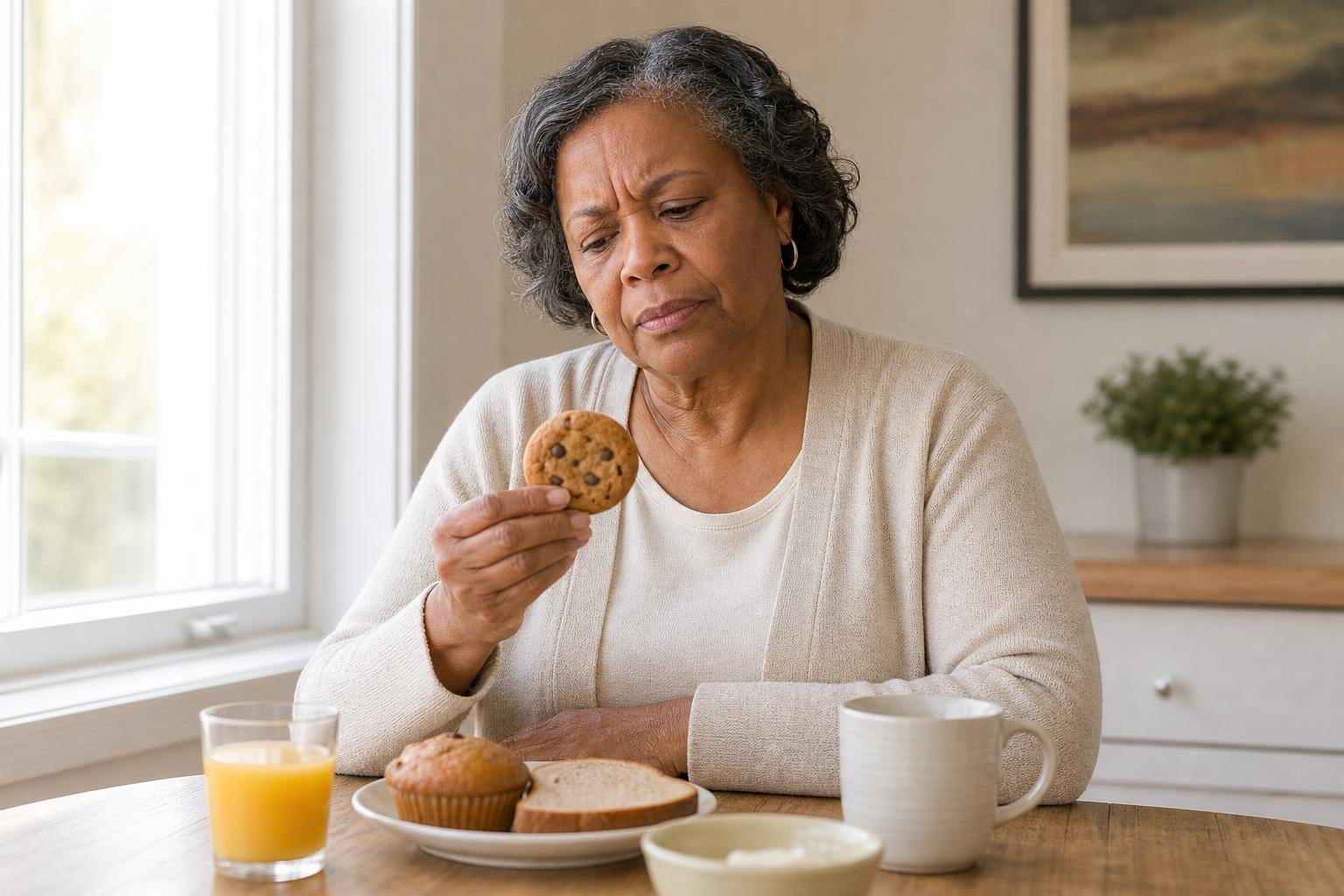 Woman considers fat-free foods at a sunlit breakfast nook.