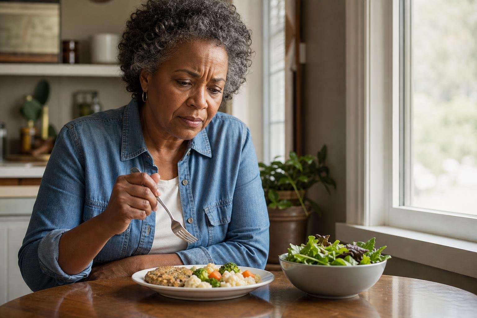 Concerned older woman studies a meal while reconsidering healthy foods at her kitchen window.