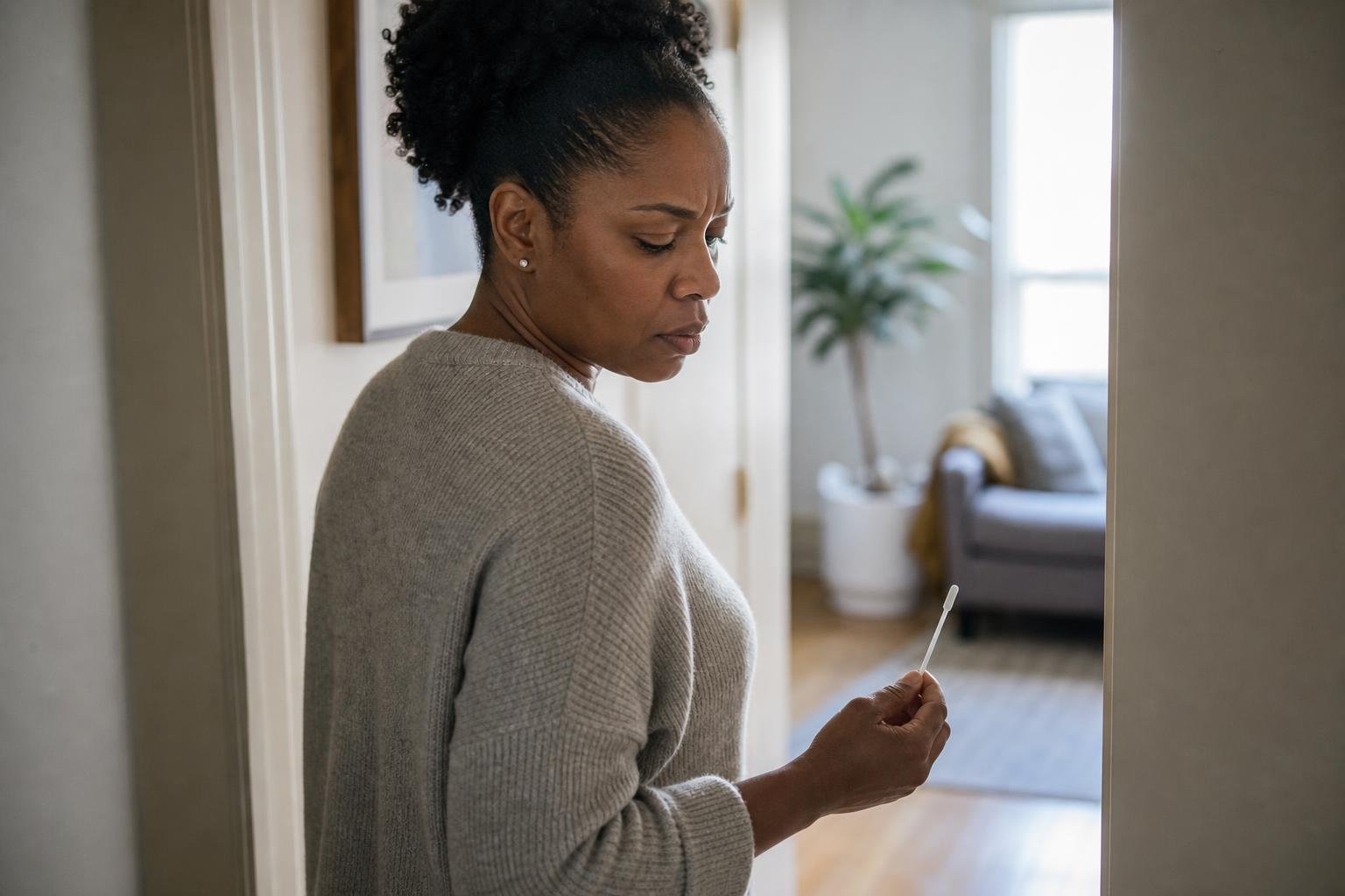 Black woman considers the reliability of an oral HIV test in a morning hallway.