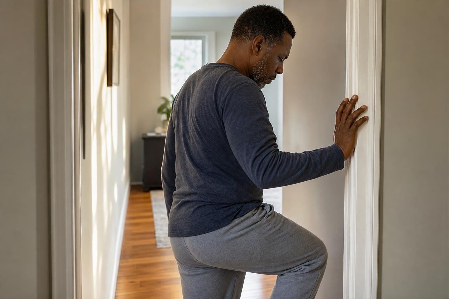 Black man carefully stepping through a hallway doorway, reflecting osteoporosis risk in men.
