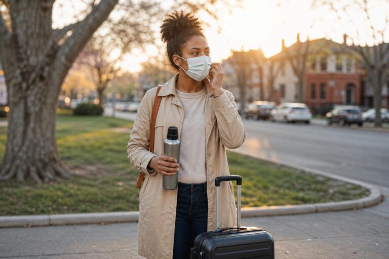 Traveler with a carry-on and face mask prepares for better plane health at sunset.