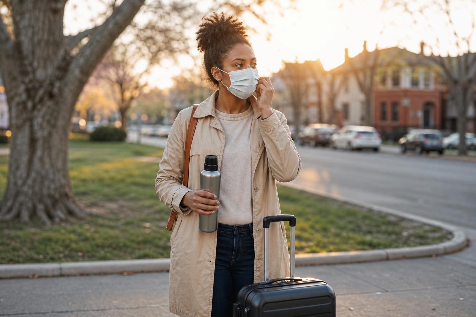 Traveler with a carry-on and face mask prepares for better plane health at sunset.