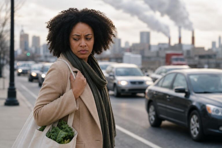 Black woman stands near traffic with a concerned expression about pollution and diabetes risk.