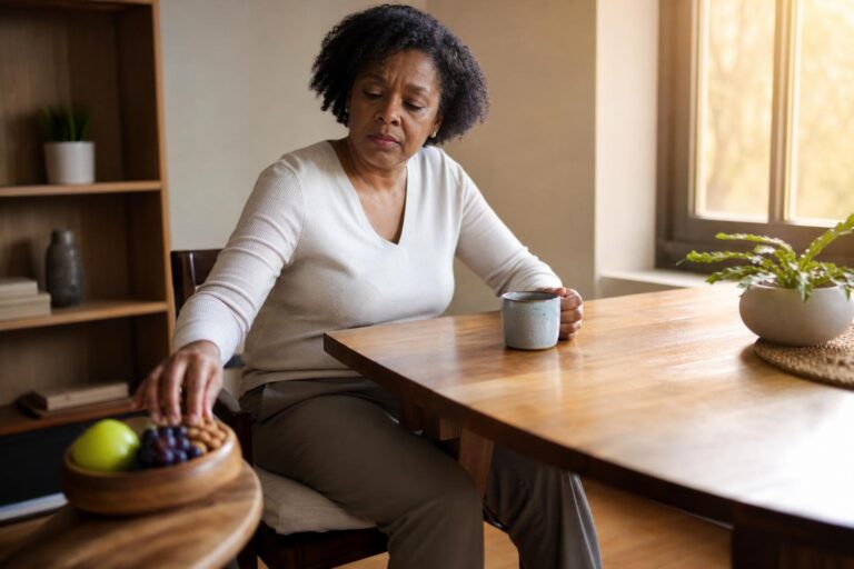 Black woman managing restless legs syndrome with nuts and fruit at her desk.