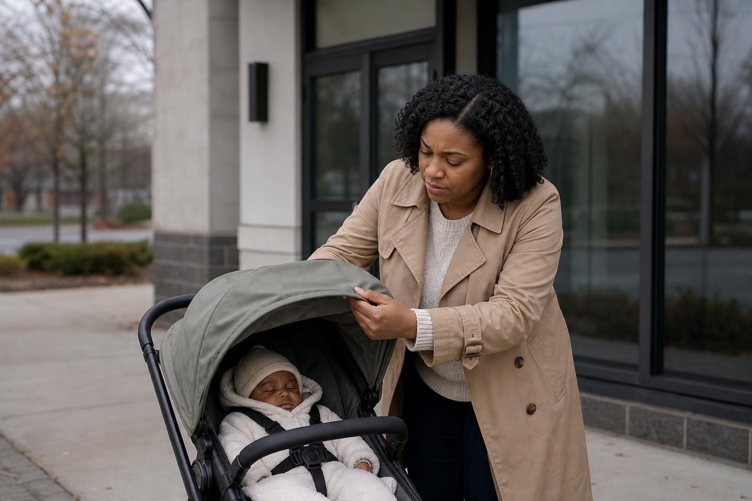Black mother adjusts a stroller canopy outdoors while taking precautions to protect her baby from RSV.