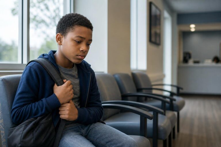 Black boy with sickle cell disease waits quietly in a clinic for follow-up care.
