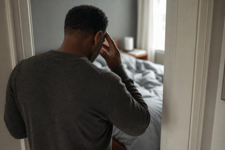A tired Black man pauses in a bedroom doorway, showing the strain of sleep deprivation.