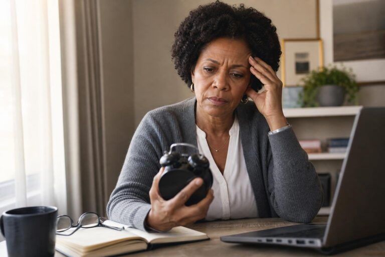 A tired Black woman holds an alarm clock at her desk, reflecting sleep disorders and poor rest.
