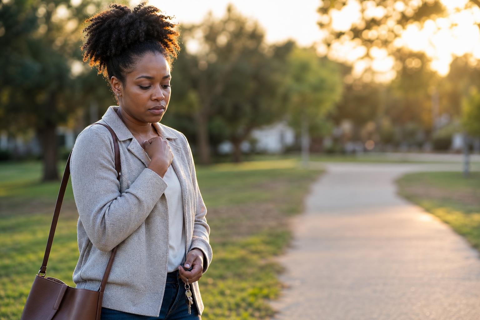 A young Black woman pauses on a neighborhood path, grounding herself before social gatherings.