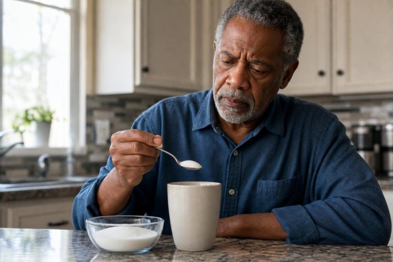 Concerned man considers sugar while managing high blood pressure risk in his kitchen.