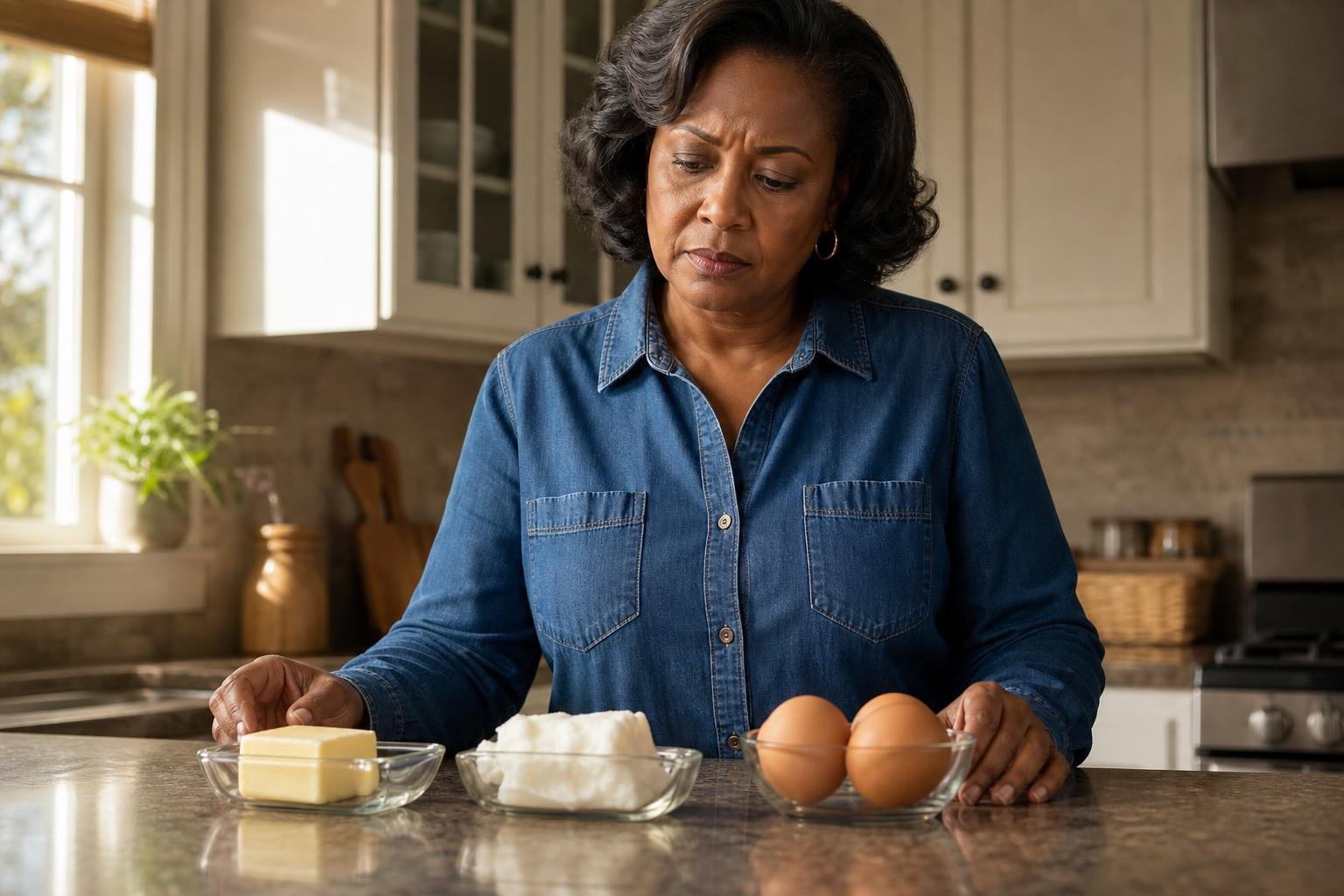 A woman compares butter, vegetable shortening, and eggs while considering trans fat at her kitchen counter.