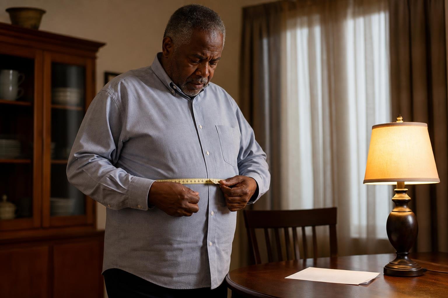 Concerned older man measures his waistline at home while considering his health.