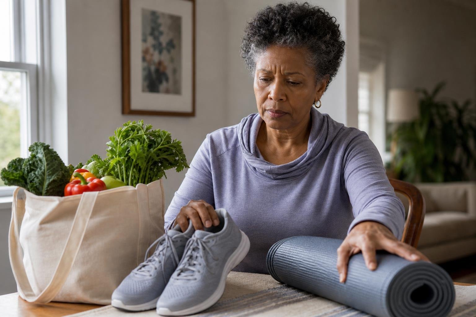 Woman thoughtfully considers a weight-loss program with exercise gear and groceries.