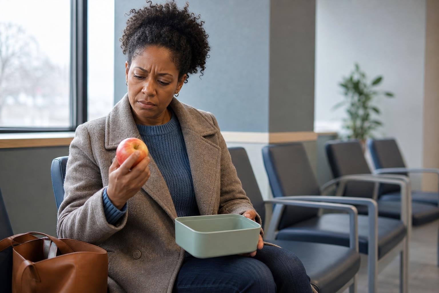 Woman in a clinic waiting area reconsidering a restrictive weight loss meal plan.