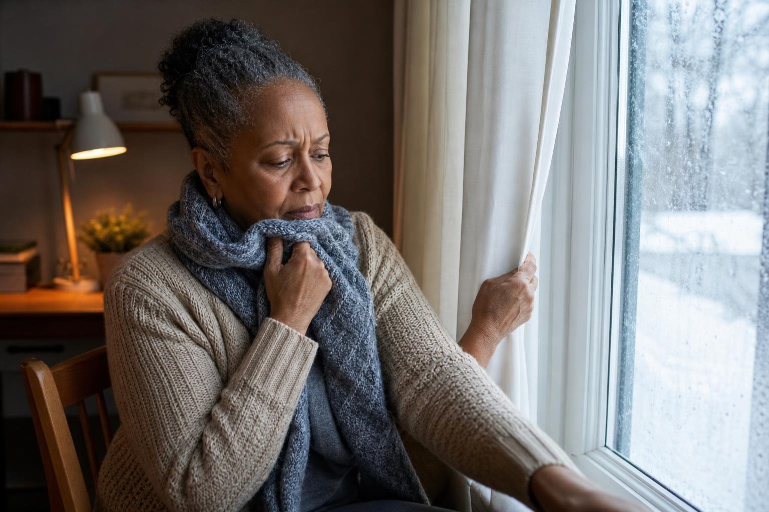 Black woman managing winter-related asthma by a cold window with a scarf and drawn curtain.